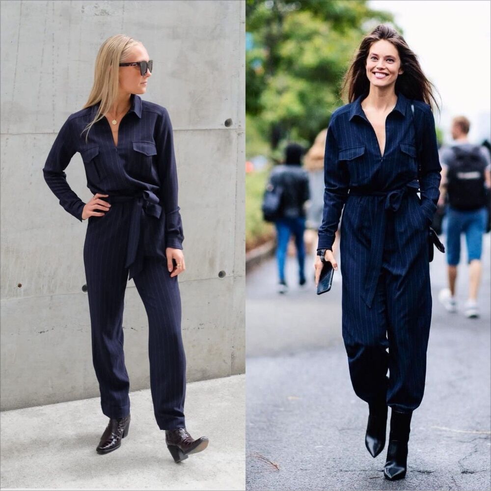 Ganni Clark Pinstripe Crepe Jumpsuit Size 40 US 8 Navy Blue No Belt Stretch